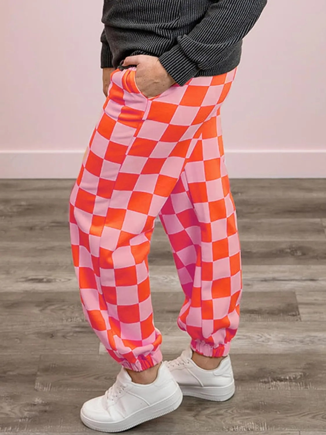 Sunloudy Womens Checkered Cargo Pant Elastic Waisted Color Block Gingham Loose Fitted Jogger Trouser Streetwear