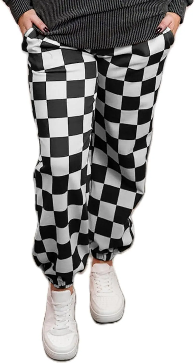 Sunloudy Womens Checkered Cargo Pant Elastic Waisted Color Block Gingham Loose Fitted Jogger Trouser Streetwear