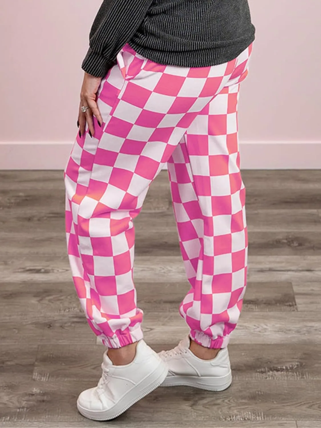 Sunloudy Womens Checkered Cargo Pant Elastic Waisted Color Block Gingham Loose Fitted Jogger Trouser Streetwear
