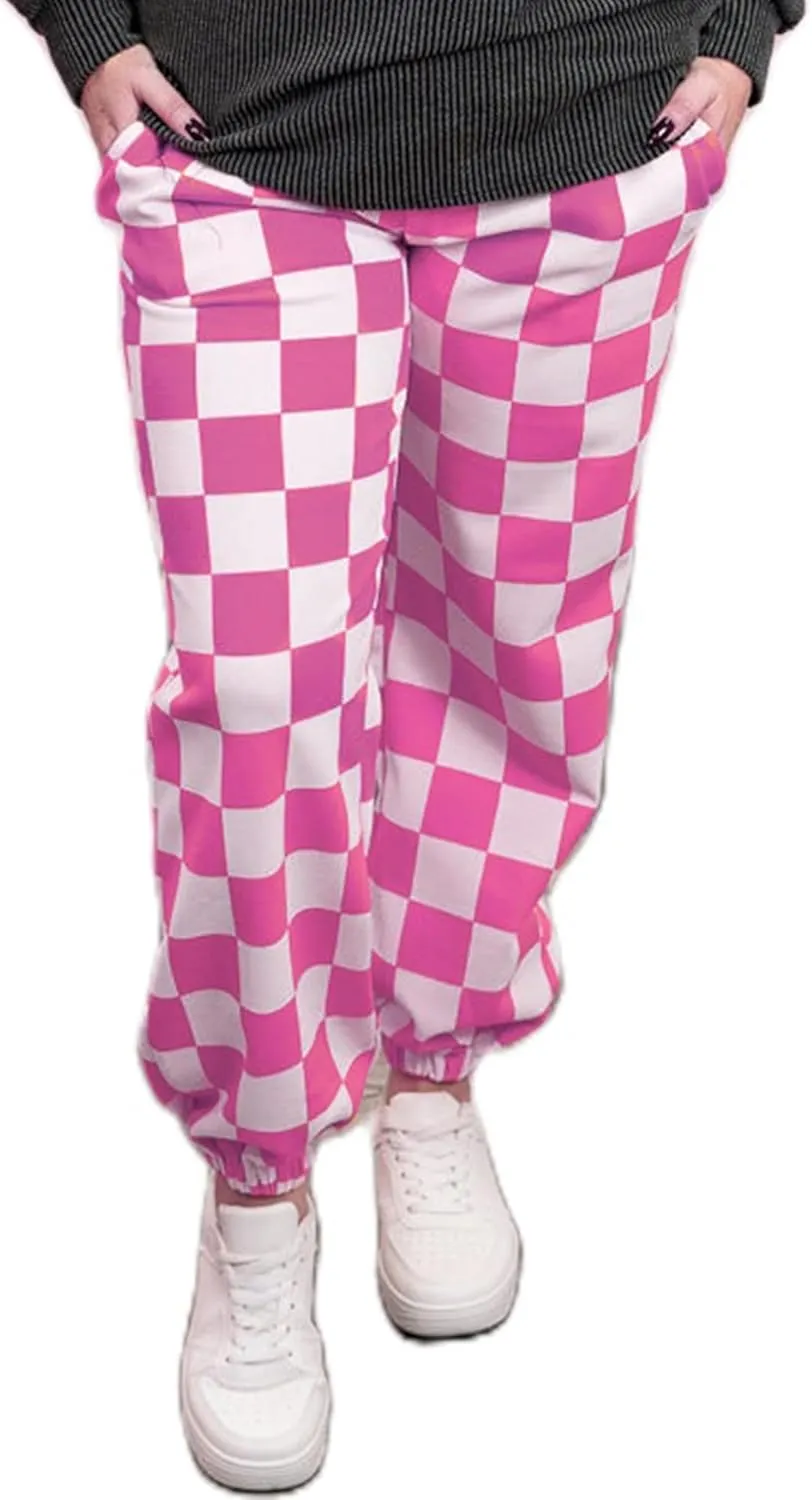 Sunloudy Womens Checkered Cargo Pant Elastic Waisted Color Block Gingham Loose Fitted Jogger Trouser Streetwear