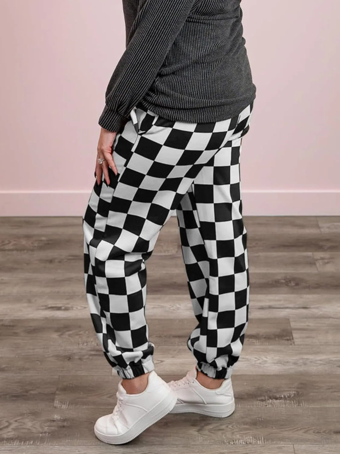 Sunloudy Womens Checkered Cargo Pant Elastic Waisted Color Block Gingham Loose Fitted Jogger Trouser Streetwear