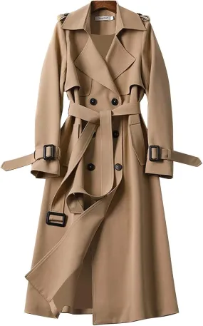 Trench Coats for Women Double Breasted Long Trench Coat Belted Notch Lapel Overcoat Windproof Classic Outerwear
