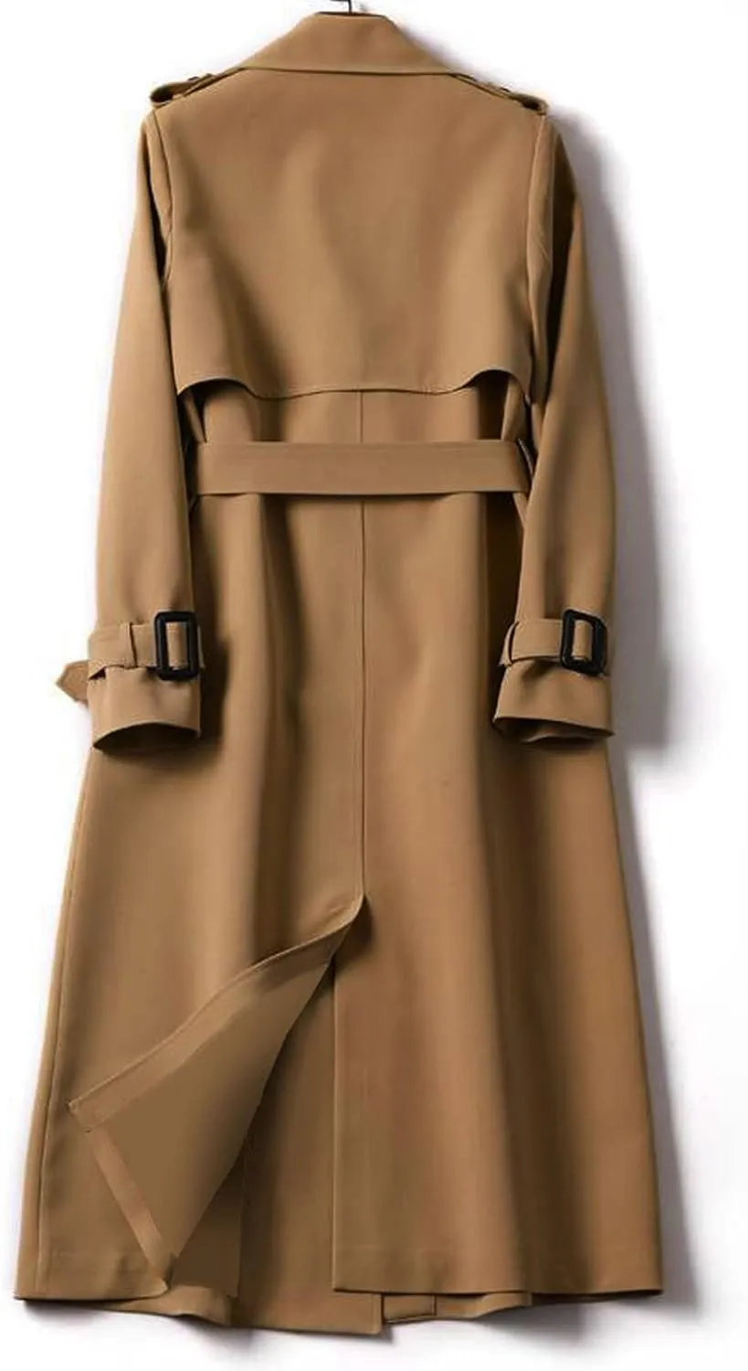 Trench Coats for Women Double Breasted Long Trench Coat Belted Notch Lapel Overcoat Windproof Classic Outerwear
