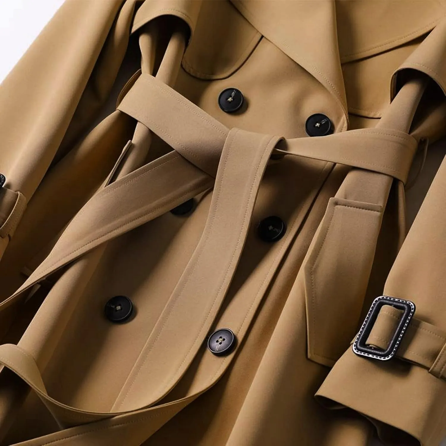 Trench Coats for Women Double Breasted Long Trench Coat Belted Notch Lapel Overcoat Windproof Classic Outerwear