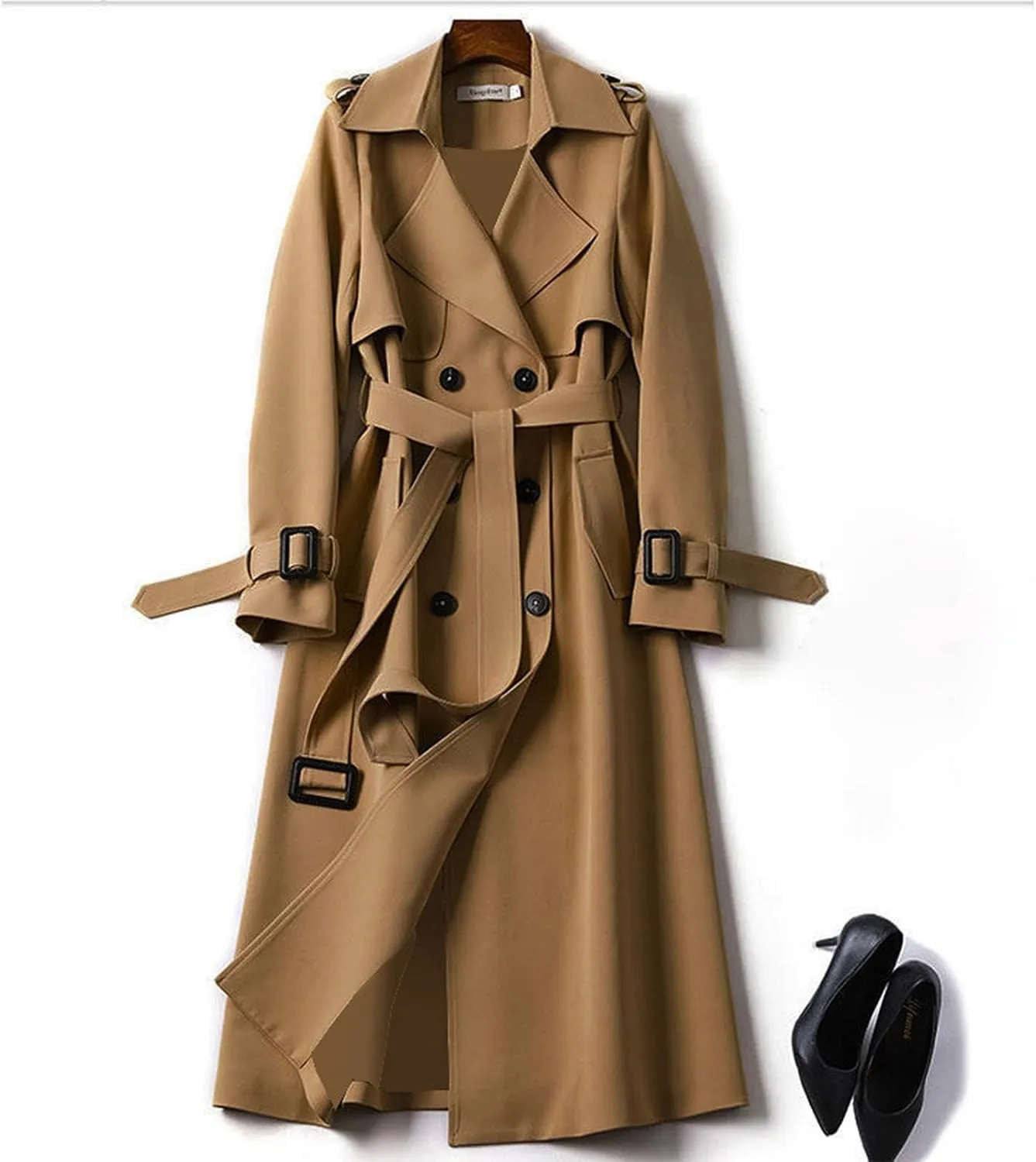 Trench Coats for Women Double Breasted Long Trench Coat Belted Notch Lapel Overcoat Windproof Classic Outerwear