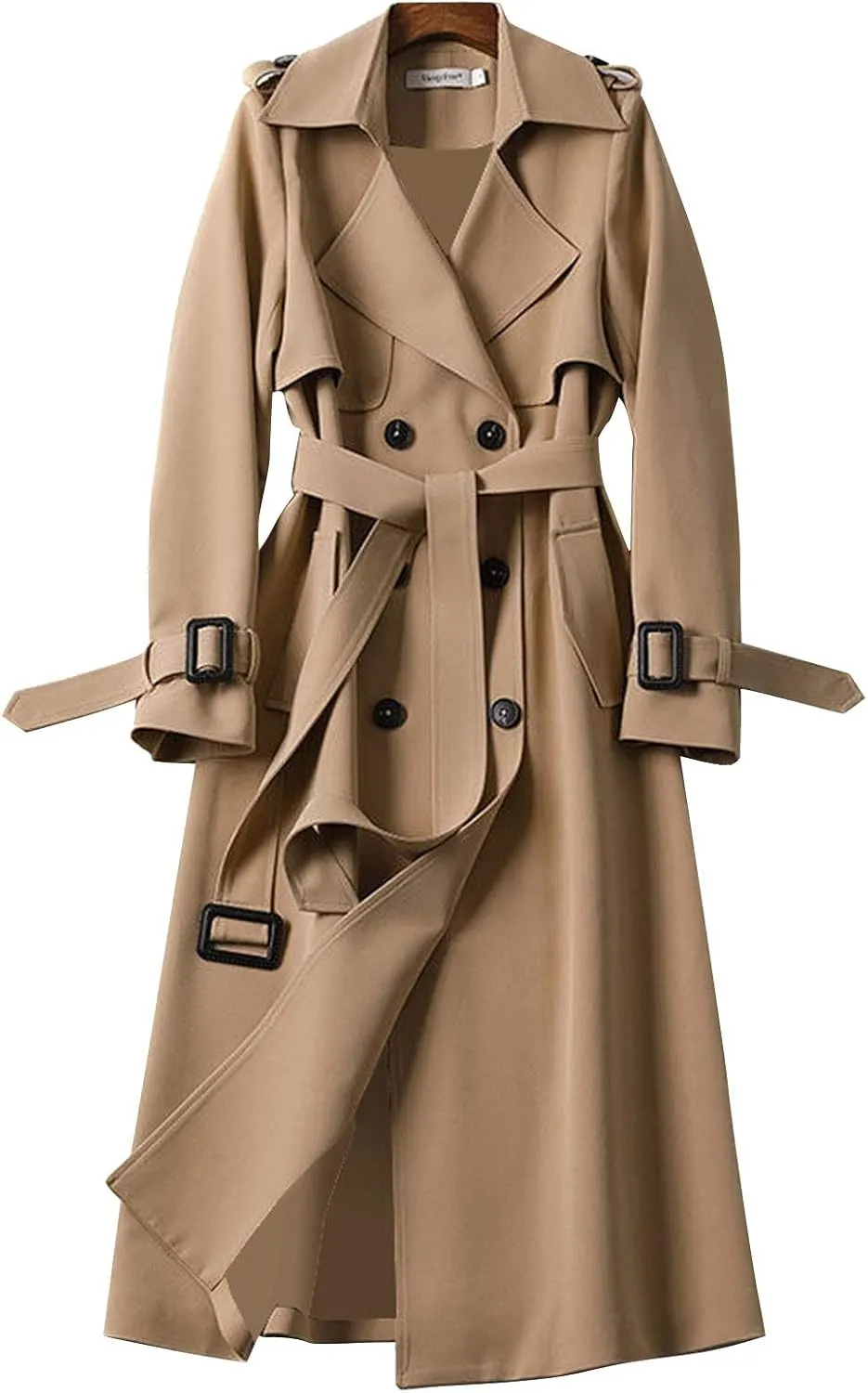 Trench Coats for Women Double Breasted Long Trench Coat Belted Notch Lapel Overcoat Windproof Classic Outerwear