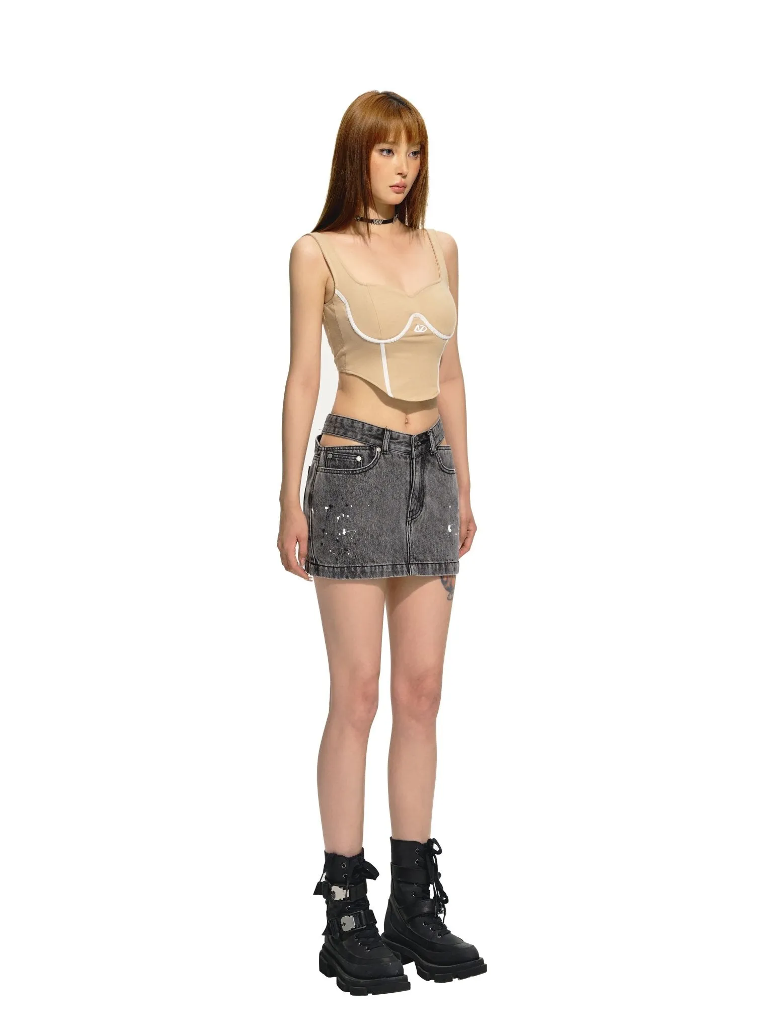 V-Shape Triangle Cut-Out Denim Skirt