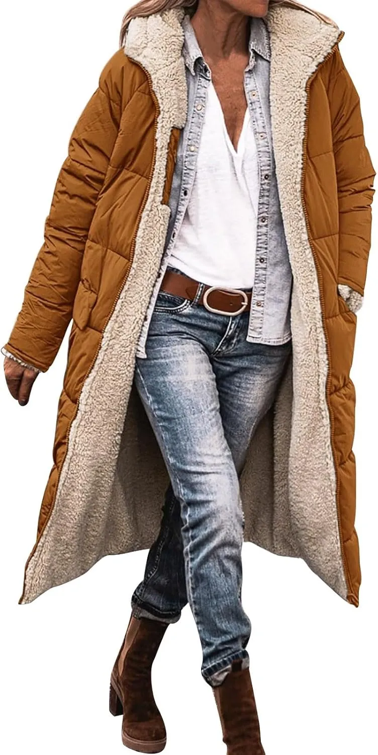 Winter Windproof Warm Fashion Fleece Coat for Womens Casual Zipper Hooded Jacket with Pockets Daily Outdoor Outwear