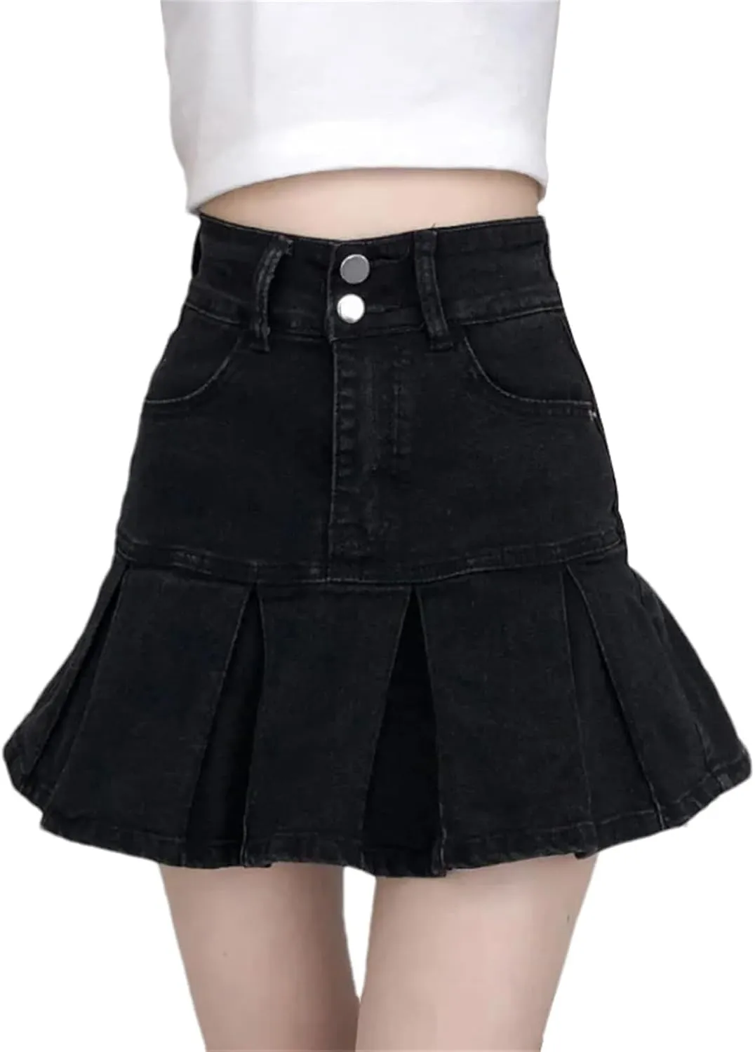 Women Black Mini Denim Skirts Summer High Waist Pleated Sexy Mini A-LINE Jeans Short Skirts