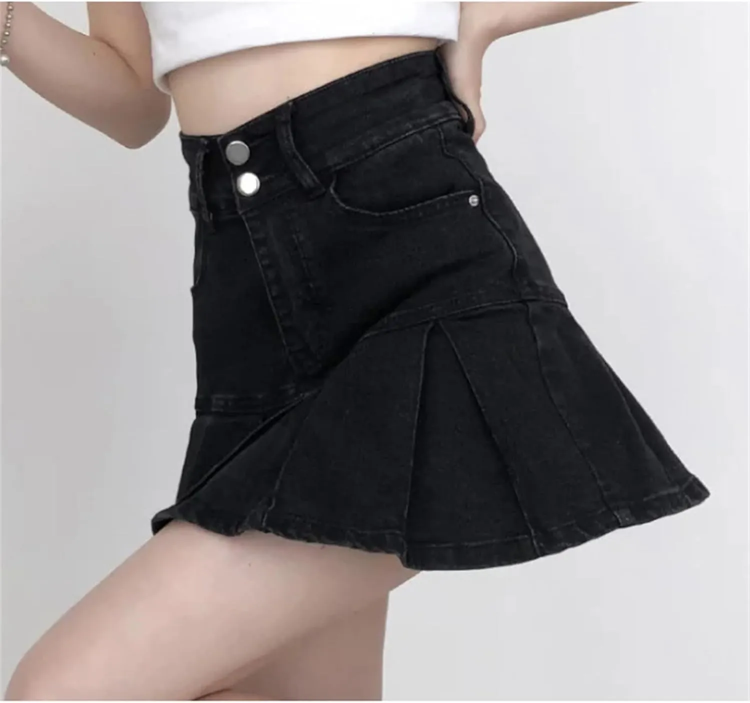 Women Black Mini Denim Skirts Summer High Waist Pleated Sexy Mini A-LINE Jeans Short Skirts
