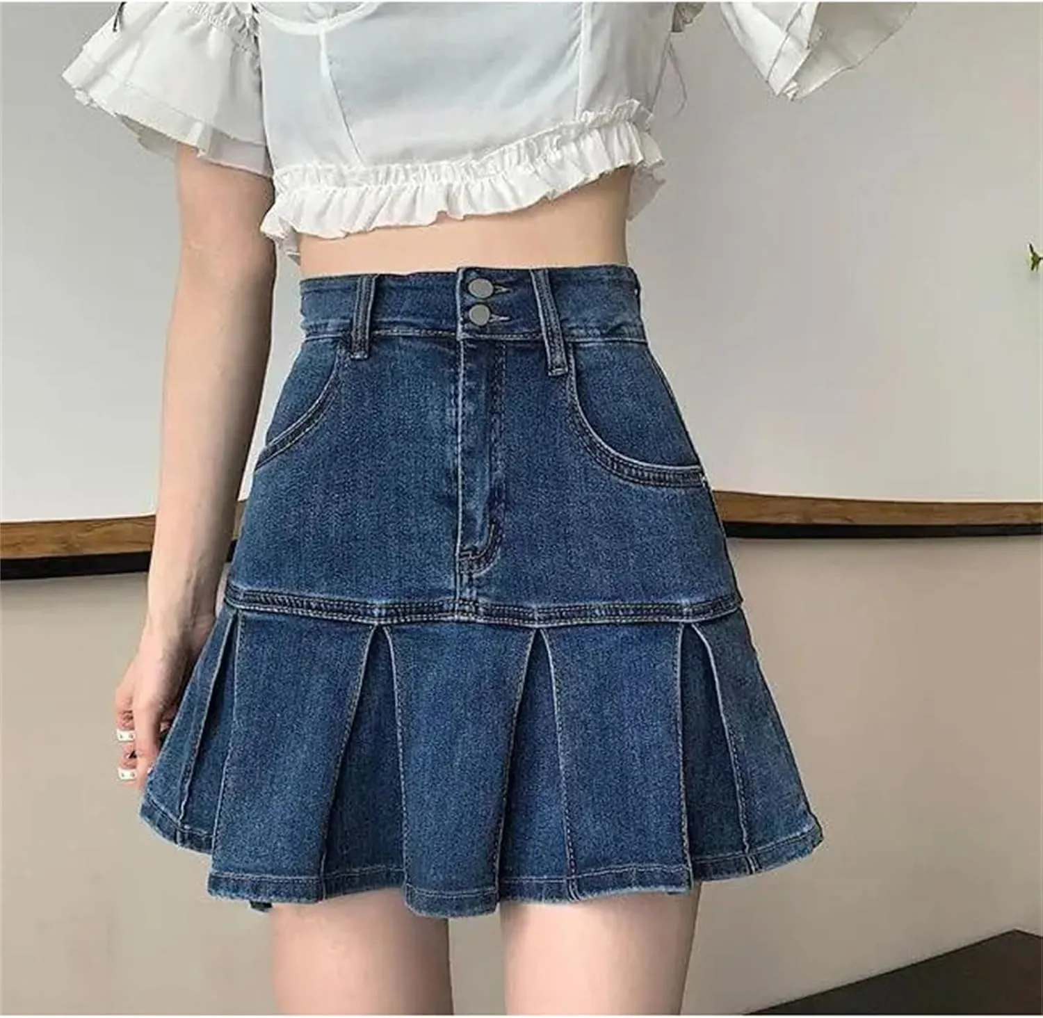 Women Black Mini Denim Skirts Summer High Waist Pleated Sexy Mini A-LINE Jeans Short Skirts