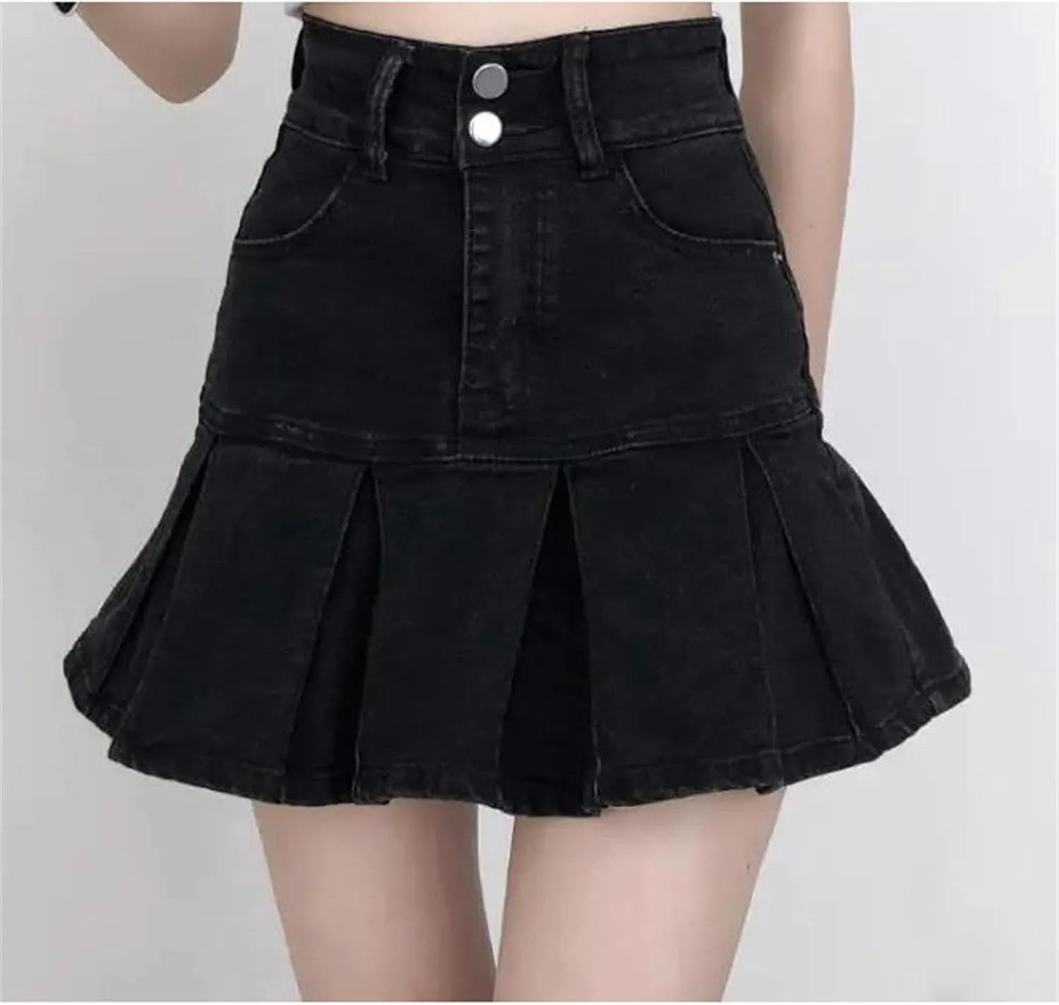 Women Black Mini Denim Skirts Summer High Waist Pleated Sexy Mini A-LINE Jeans Short Skirts