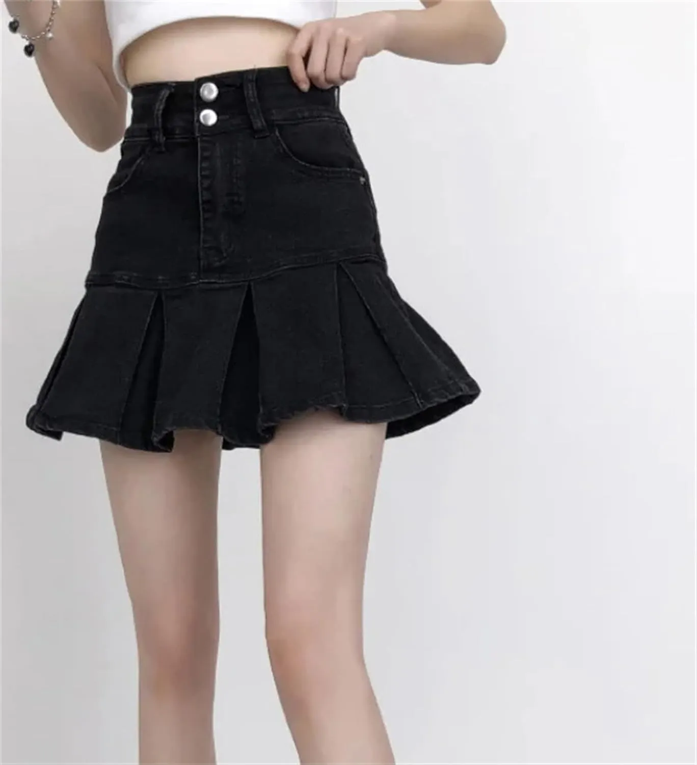 Women Black Mini Denim Skirts Summer High Waist Pleated Sexy Mini A-LINE Jeans Short Skirts