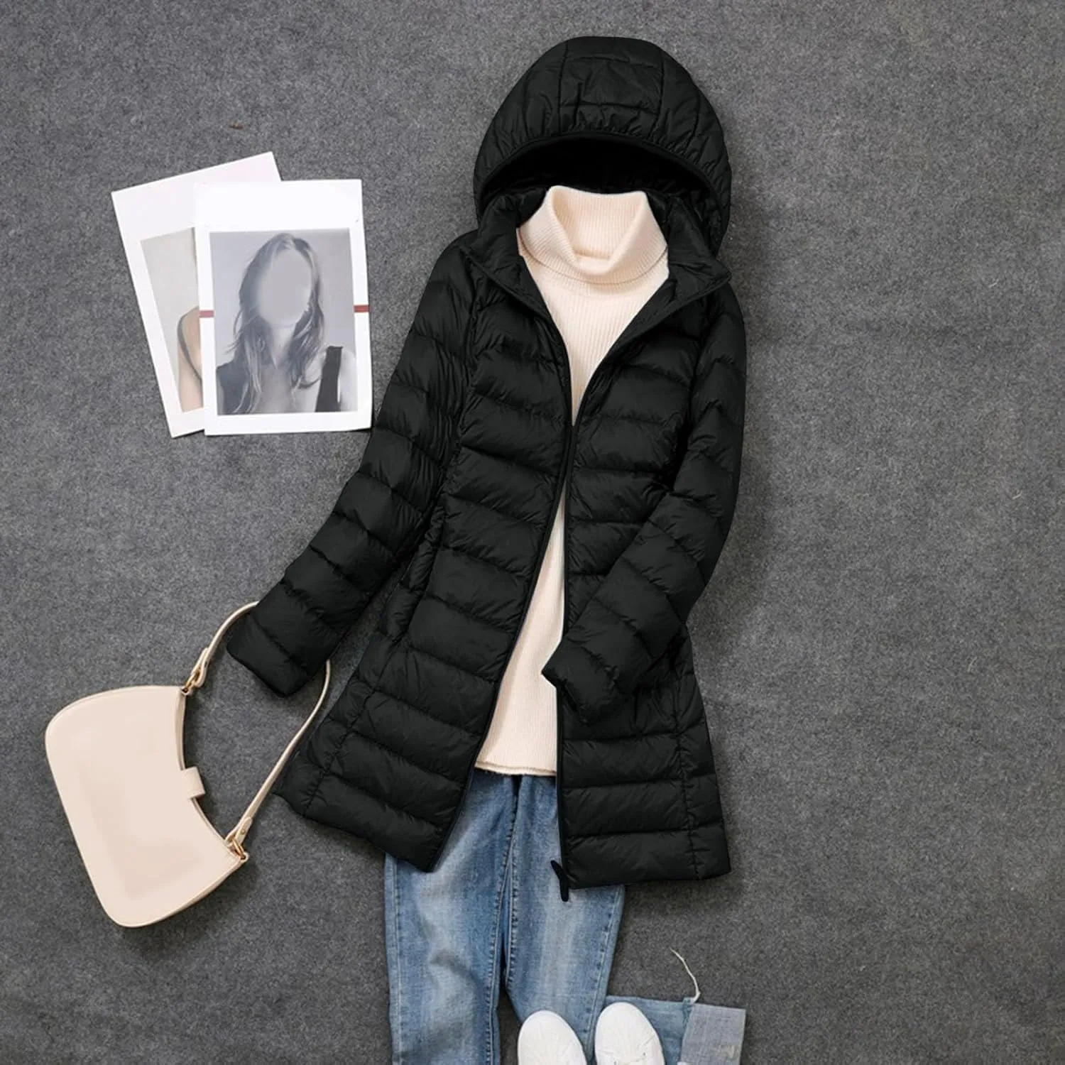 Womens 2024 Classic Plus Size Waterproof Puffer Coat Long Sleeve Hoodless Zipper Outwear Comfort Warm Soft Down Coat