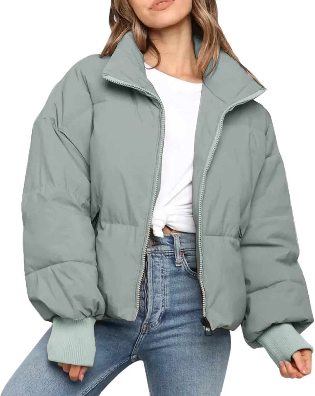 Womens 2024 Winter Fashion Zipper Solid Puffer Coats Thicken Warm Zipper Down Jackets Daily Outdoor Commuting Outwear