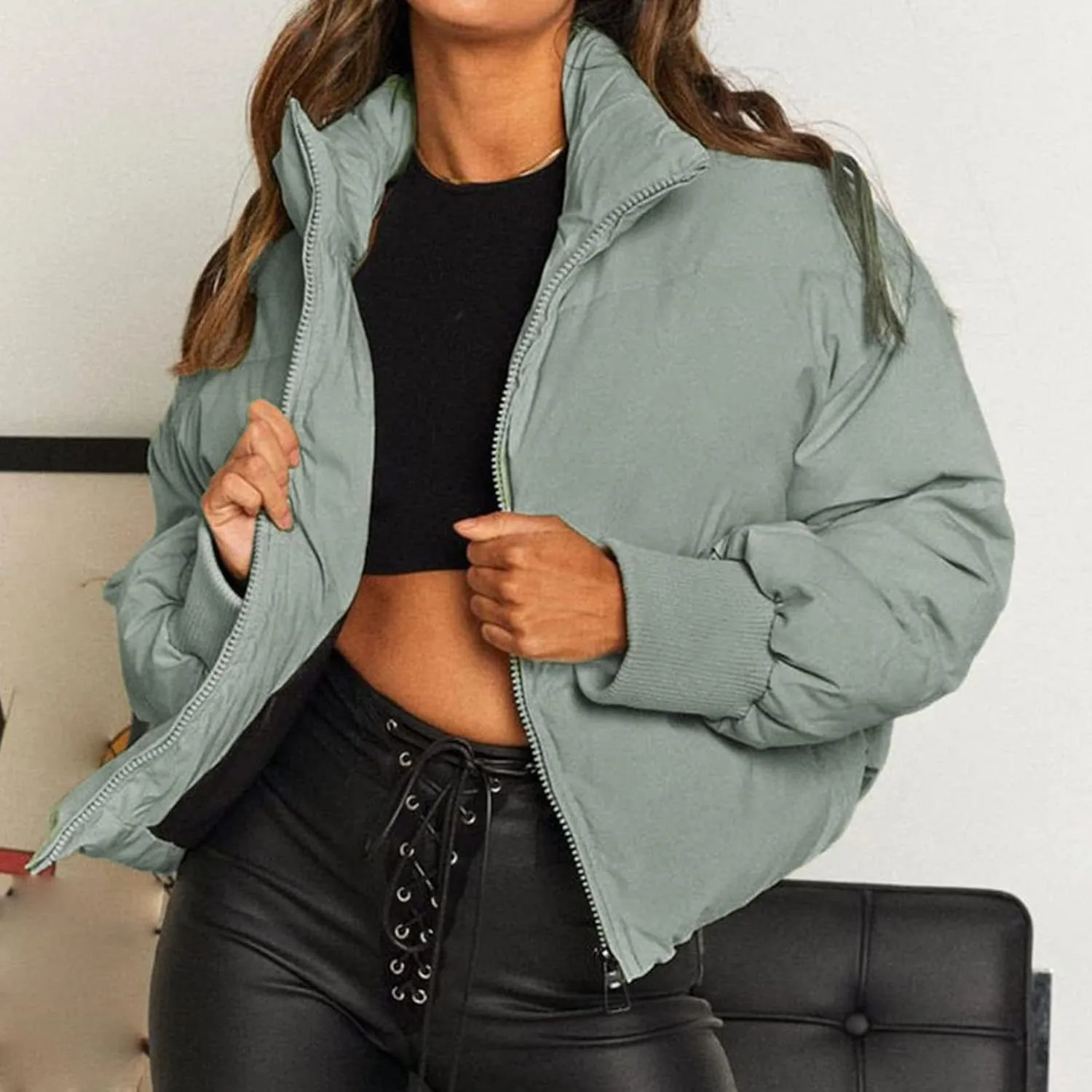 Womens 2024 Winter Fashion Zipper Solid Puffer Coats Thicken Warm Zipper Down Jackets Daily Outdoor Commuting Outwear