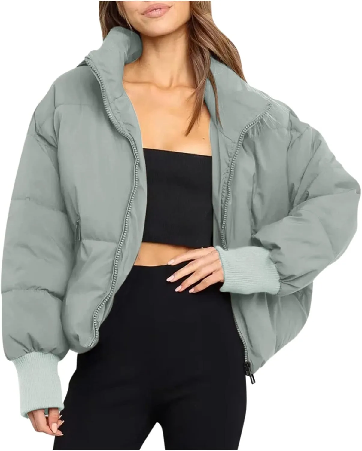 Womens 2024 Winter Fashion Zipper Solid Puffer Coats Thicken Warm Zipper Down Jackets Daily Outdoor Commuting Outwear