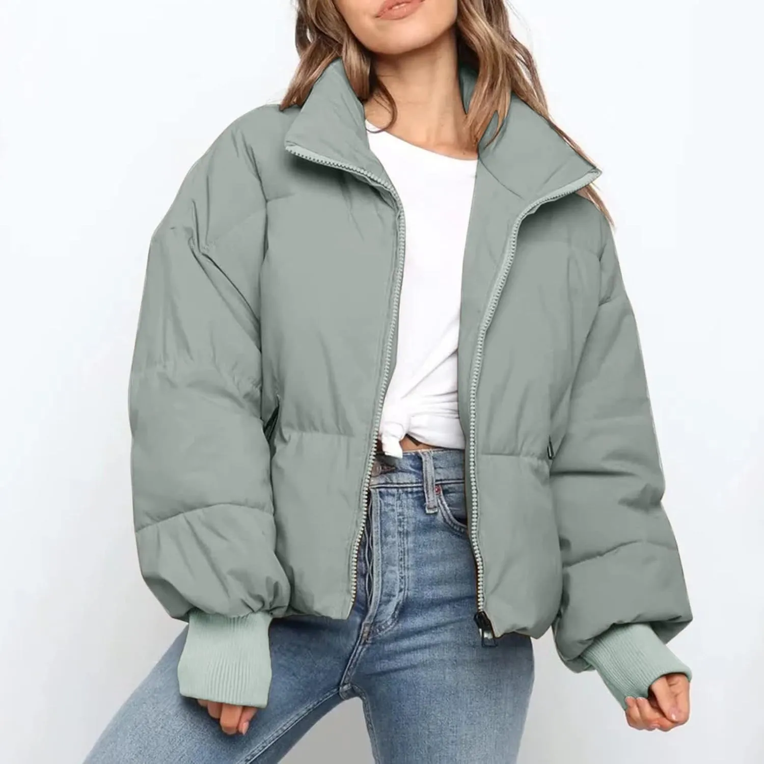 Womens 2024 Winter Fashion Zipper Solid Puffer Coats Thicken Warm Zipper Down Jackets Daily Outdoor Commuting Outwear