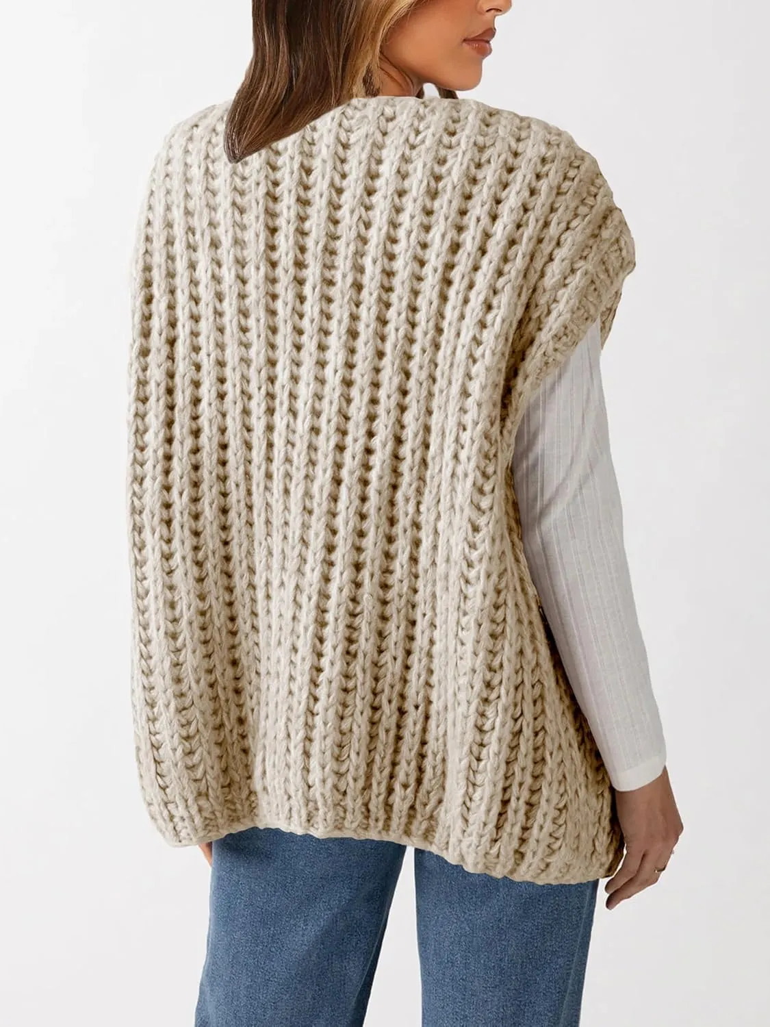 Womens Chunky Knit Sweater Vest Spring Casual Cap Sleeve Open Front Cardigan Sweater Tops
