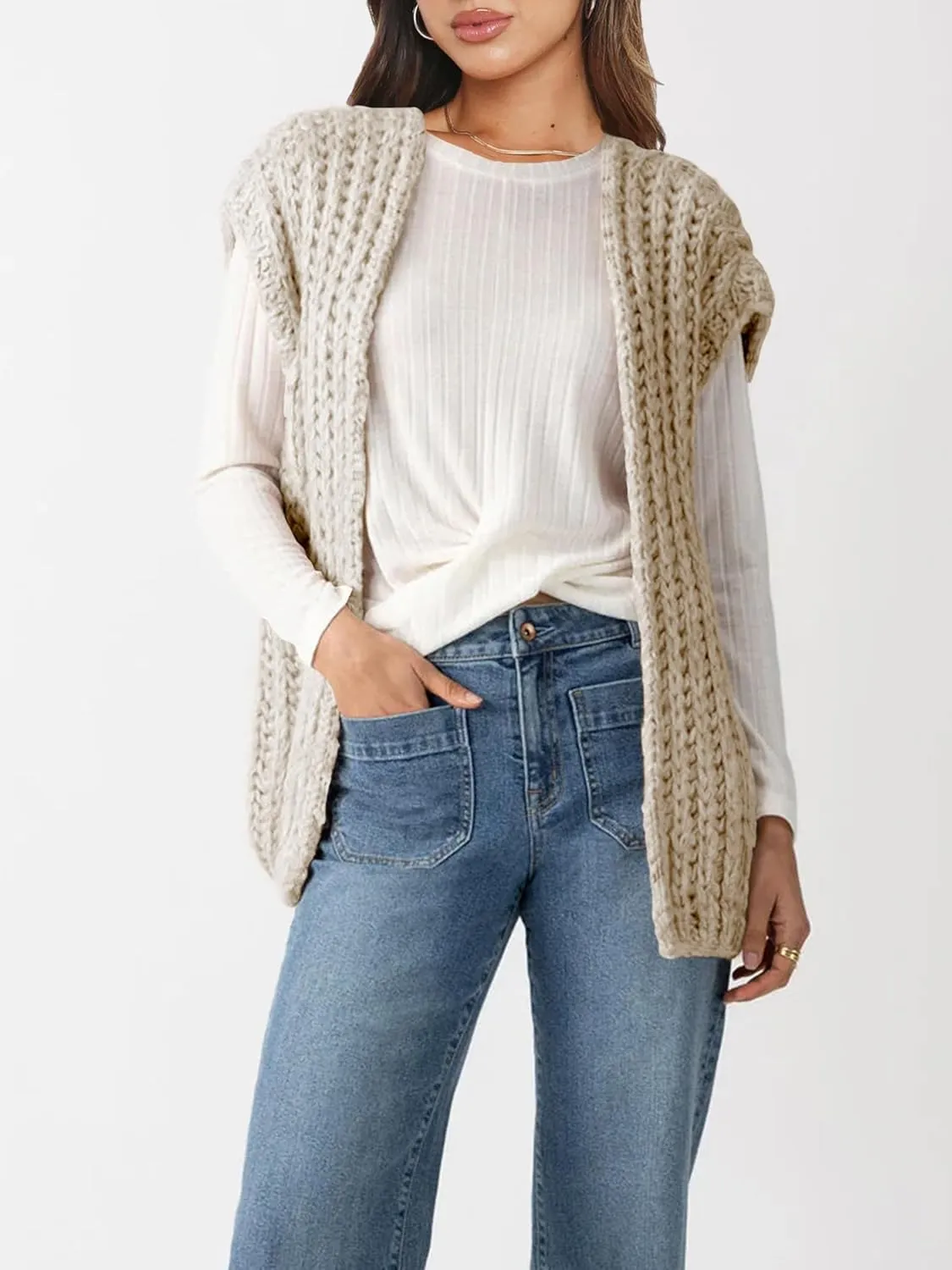Womens Chunky Knit Sweater Vest Spring Casual Cap Sleeve Open Front Cardigan Sweater Tops