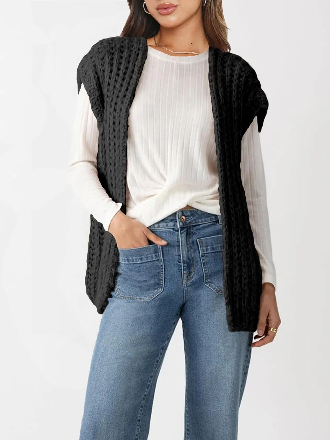 Womens Chunky Knit Sweater Vest Spring Casual Cap Sleeve Open Front Cardigan Sweater Tops