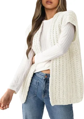 Womens Chunky Knit Sweater Vest Spring Casual Cap Sleeve Open Front Cardigan Sweater Tops