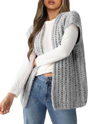 Womens Chunky Knit Sweater Vest Spring Casual Cap Sleeve Open Front Cardigan Sweater Tops