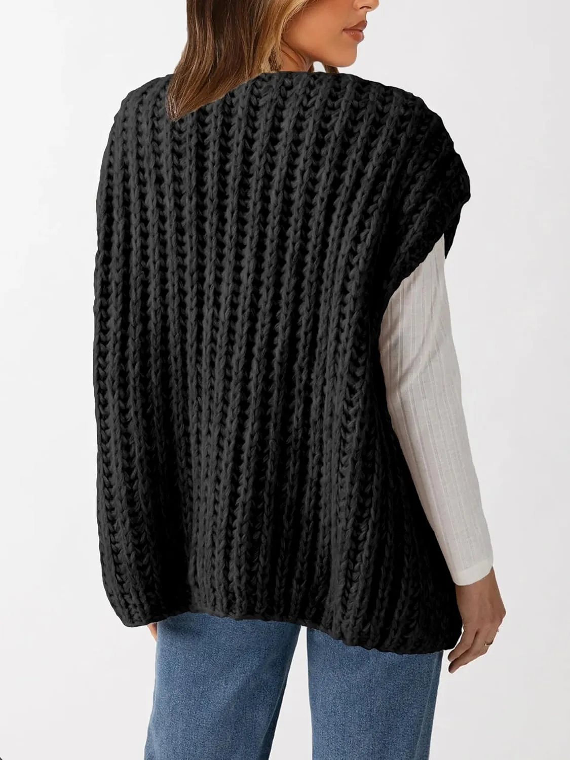 Womens Chunky Knit Sweater Vest Spring Casual Cap Sleeve Open Front Cardigan Sweater Tops
