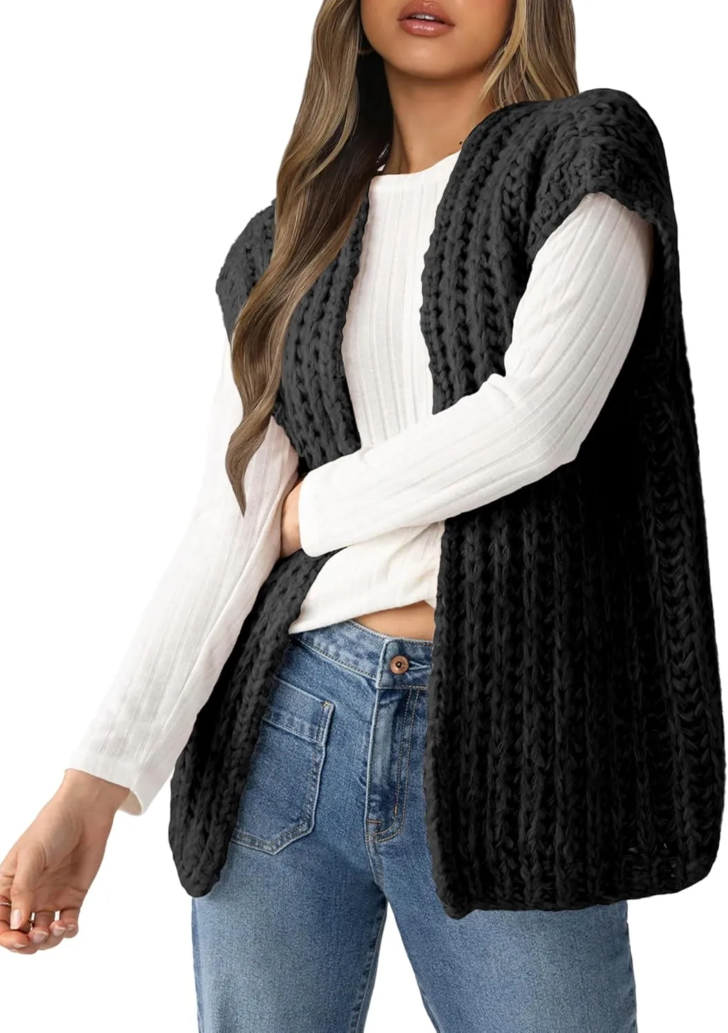 Womens Chunky Knit Sweater Vest Spring Casual Cap Sleeve Open Front Cardigan Sweater Tops