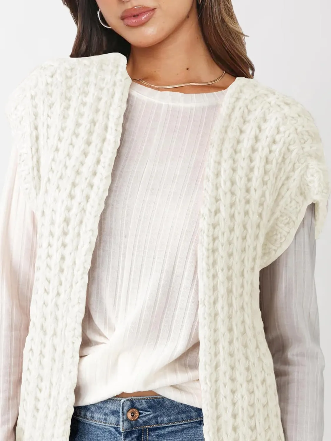 Womens Chunky Knit Sweater Vest Spring Casual Cap Sleeve Open Front Cardigan Sweater Tops
