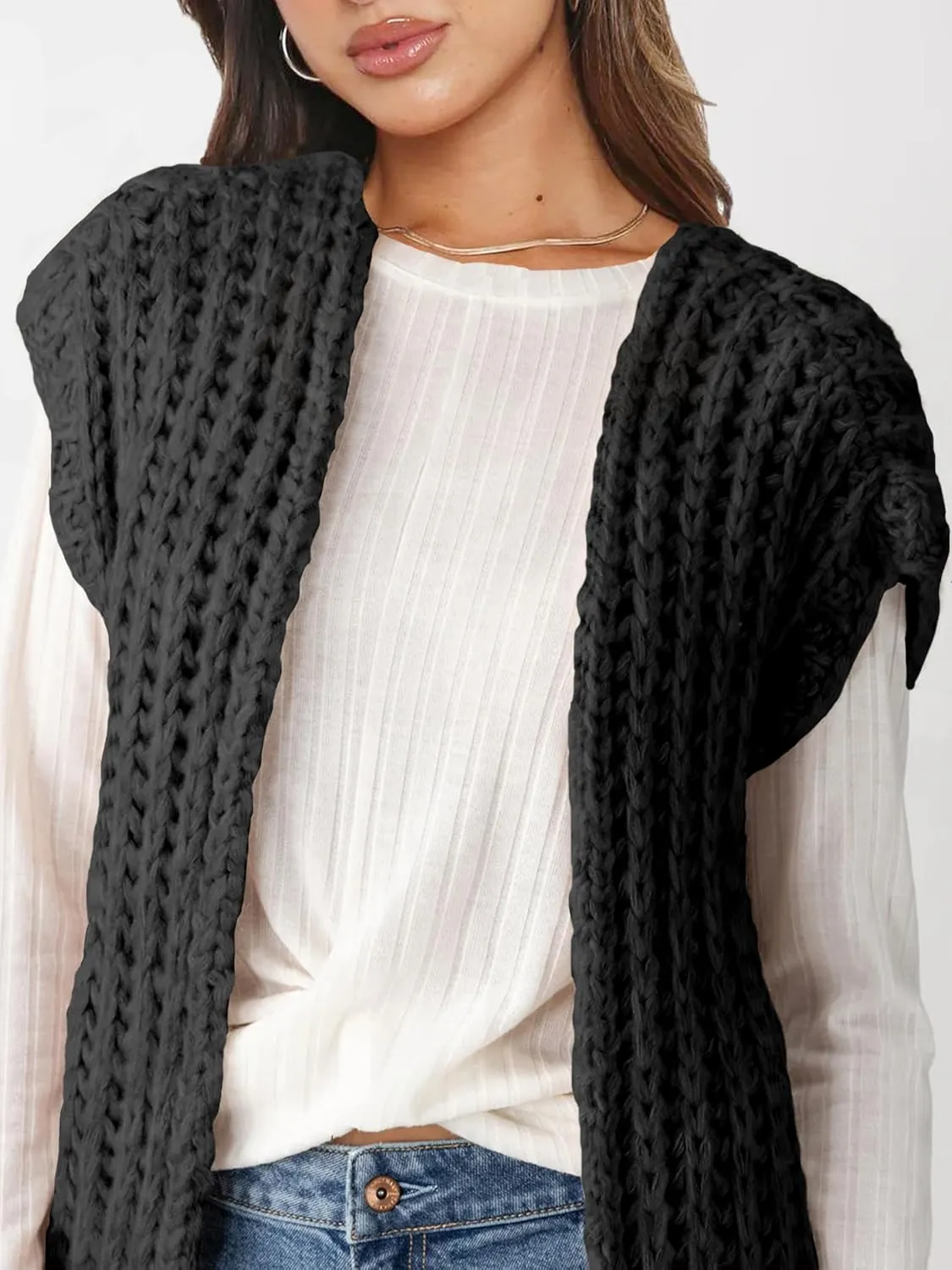 Womens Chunky Knit Sweater Vest Spring Casual Cap Sleeve Open Front Cardigan Sweater Tops