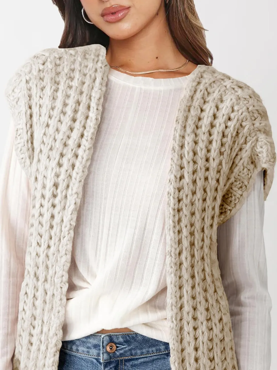 Womens Chunky Knit Sweater Vest Spring Casual Cap Sleeve Open Front Cardigan Sweater Tops