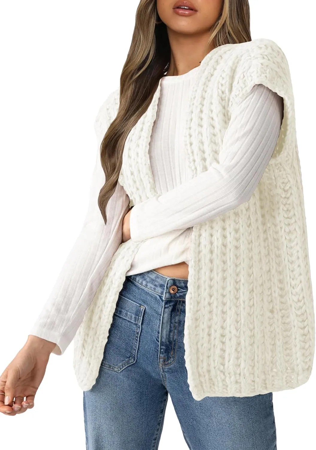 Womens Chunky Knit Sweater Vest Spring Casual Cap Sleeve Open Front Cardigan Sweater Tops