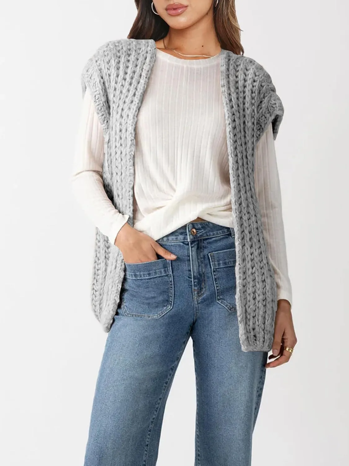 Womens Chunky Knit Sweater Vest Spring Casual Cap Sleeve Open Front Cardigan Sweater Tops