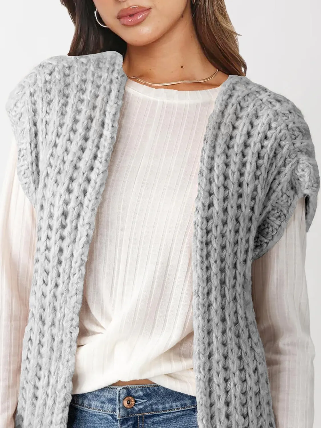 Womens Chunky Knit Sweater Vest Spring Casual Cap Sleeve Open Front Cardigan Sweater Tops