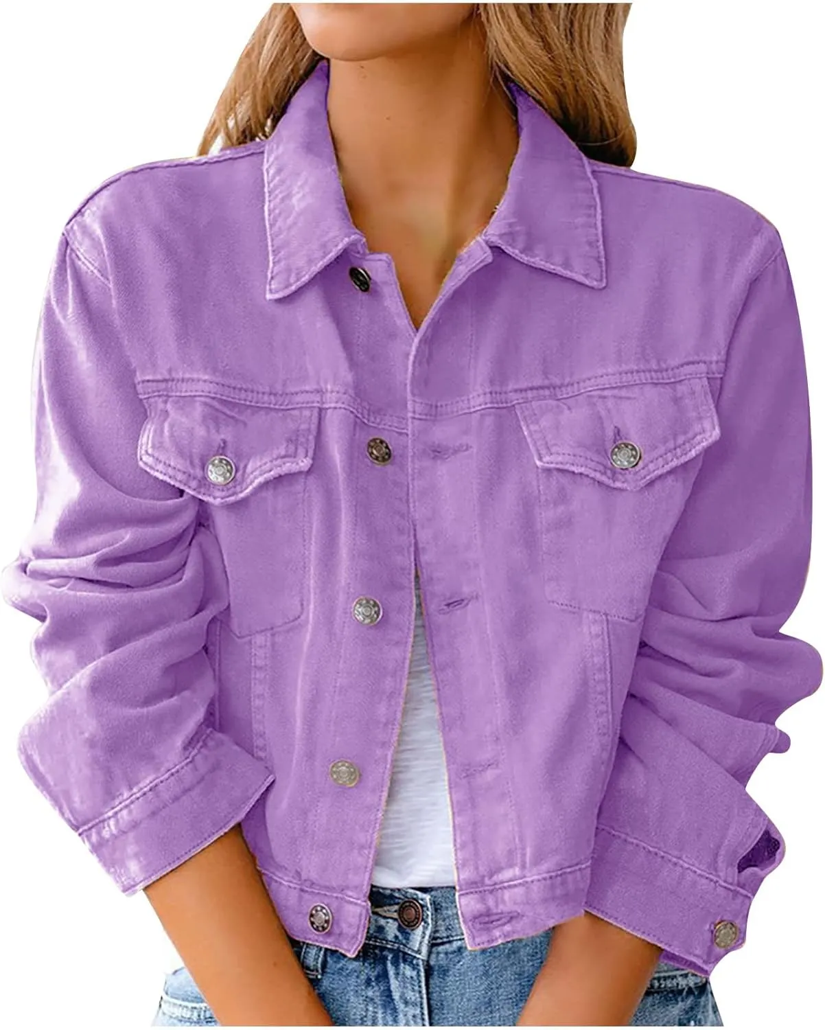Women's Denim Jacket Long Sleeve Cropped Solid Vintage Boyfriend Button Down Loose Jean Coat Casual Trucker Jackets