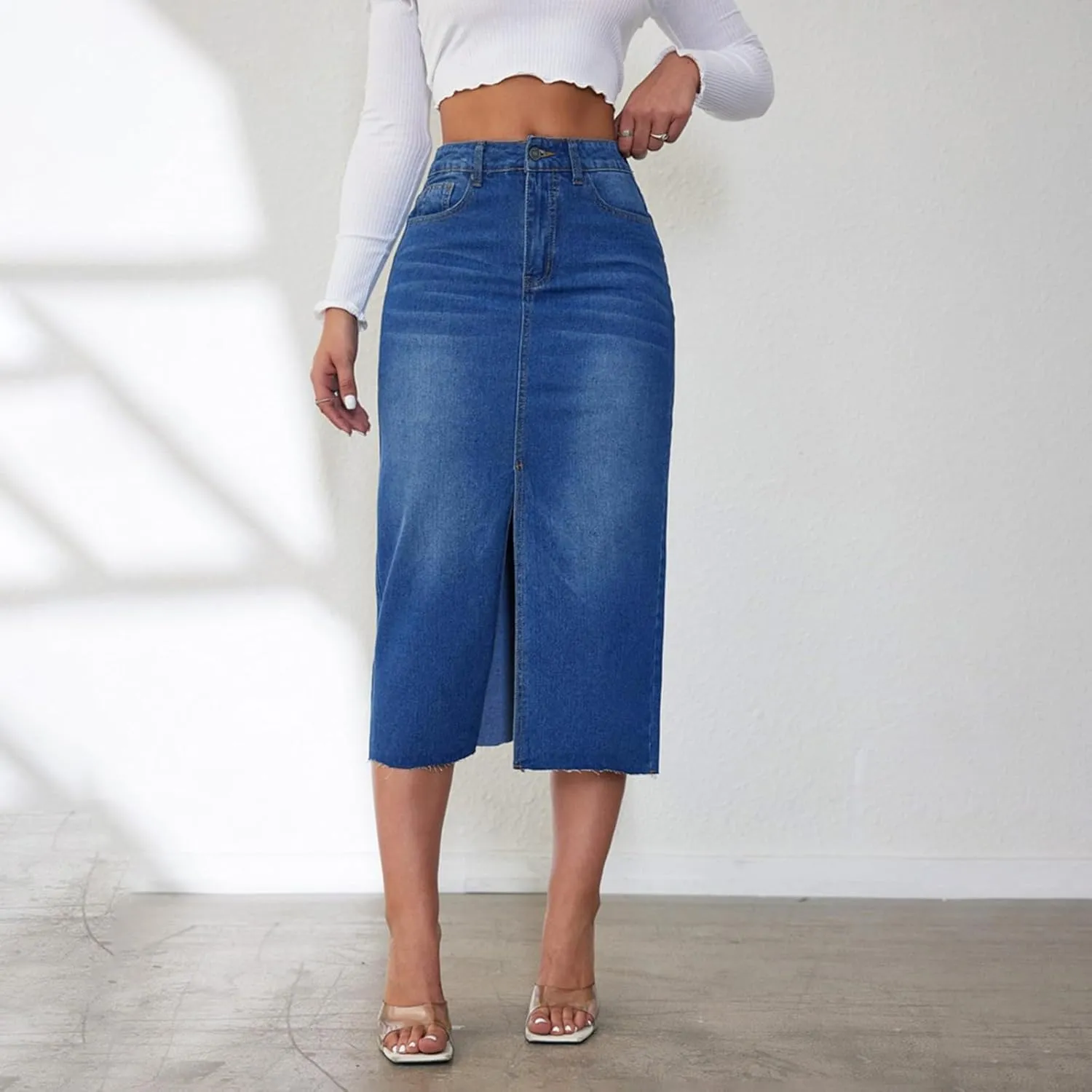 Womens Front Split Denim Long Skirts High Waist Slim Fit A Line Skirts Solid Color Street Casual Jean Maxi Skirts