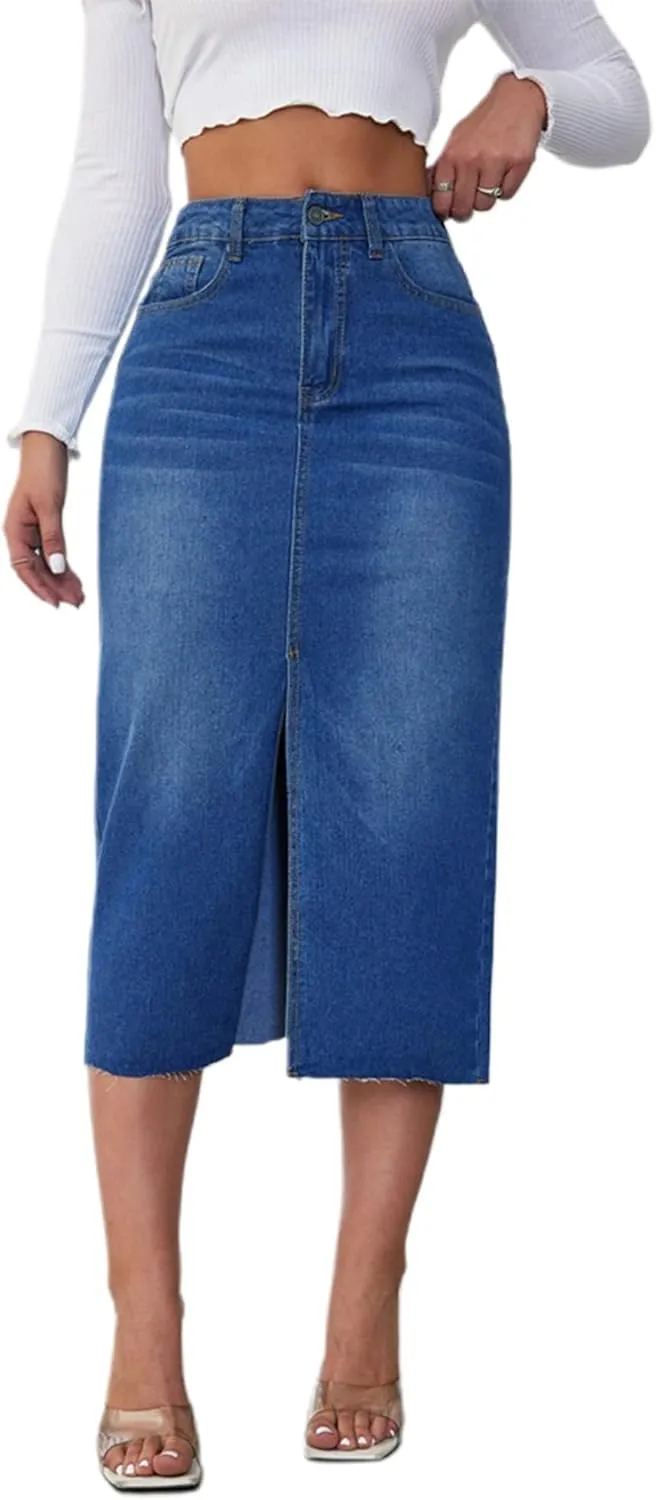 Womens Front Split Denim Long Skirts High Waist Slim Fit A Line Skirts Solid Color Street Casual Jean Maxi Skirts