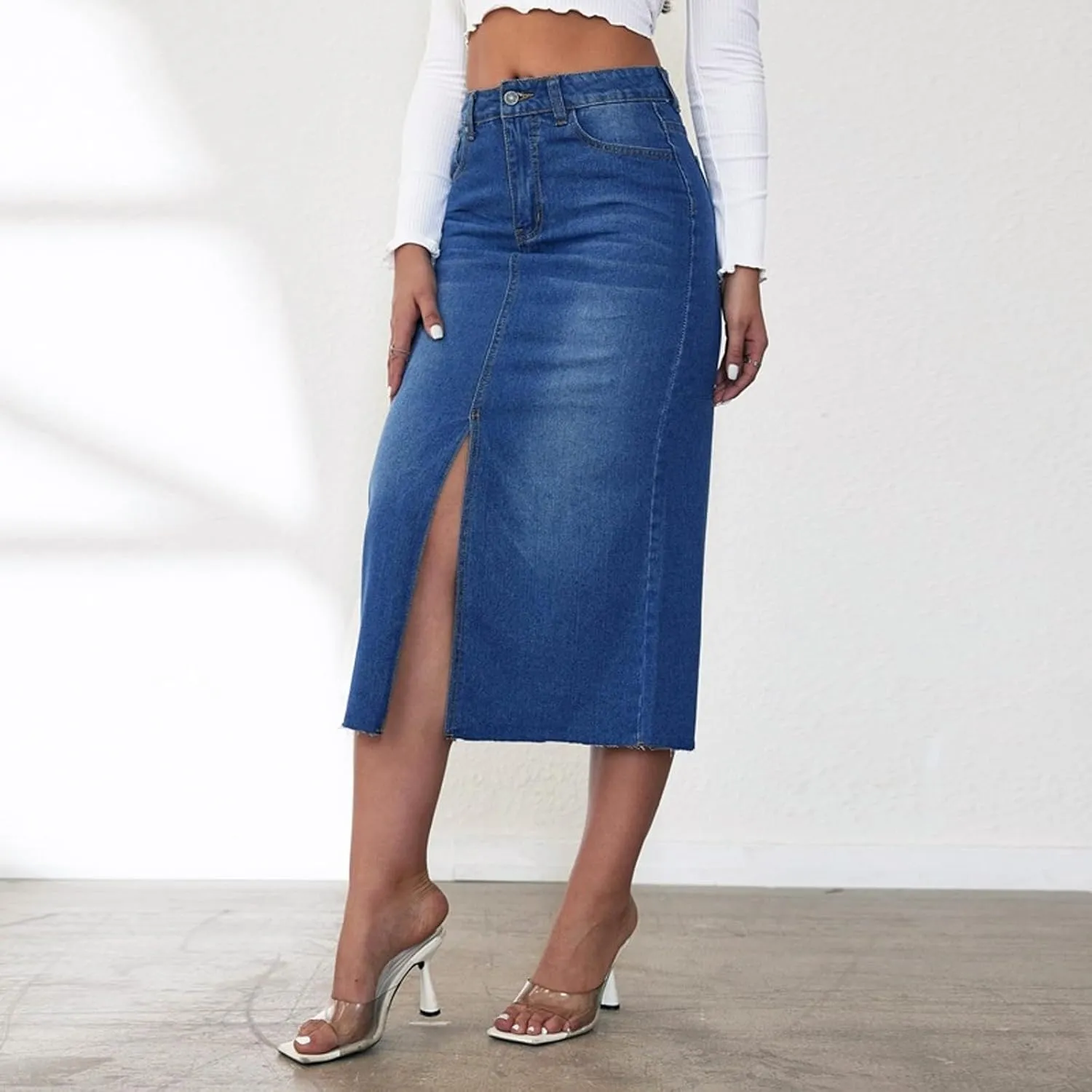 Womens Front Split Denim Long Skirts High Waist Slim Fit A Line Skirts Solid Color Street Casual Jean Maxi Skirts