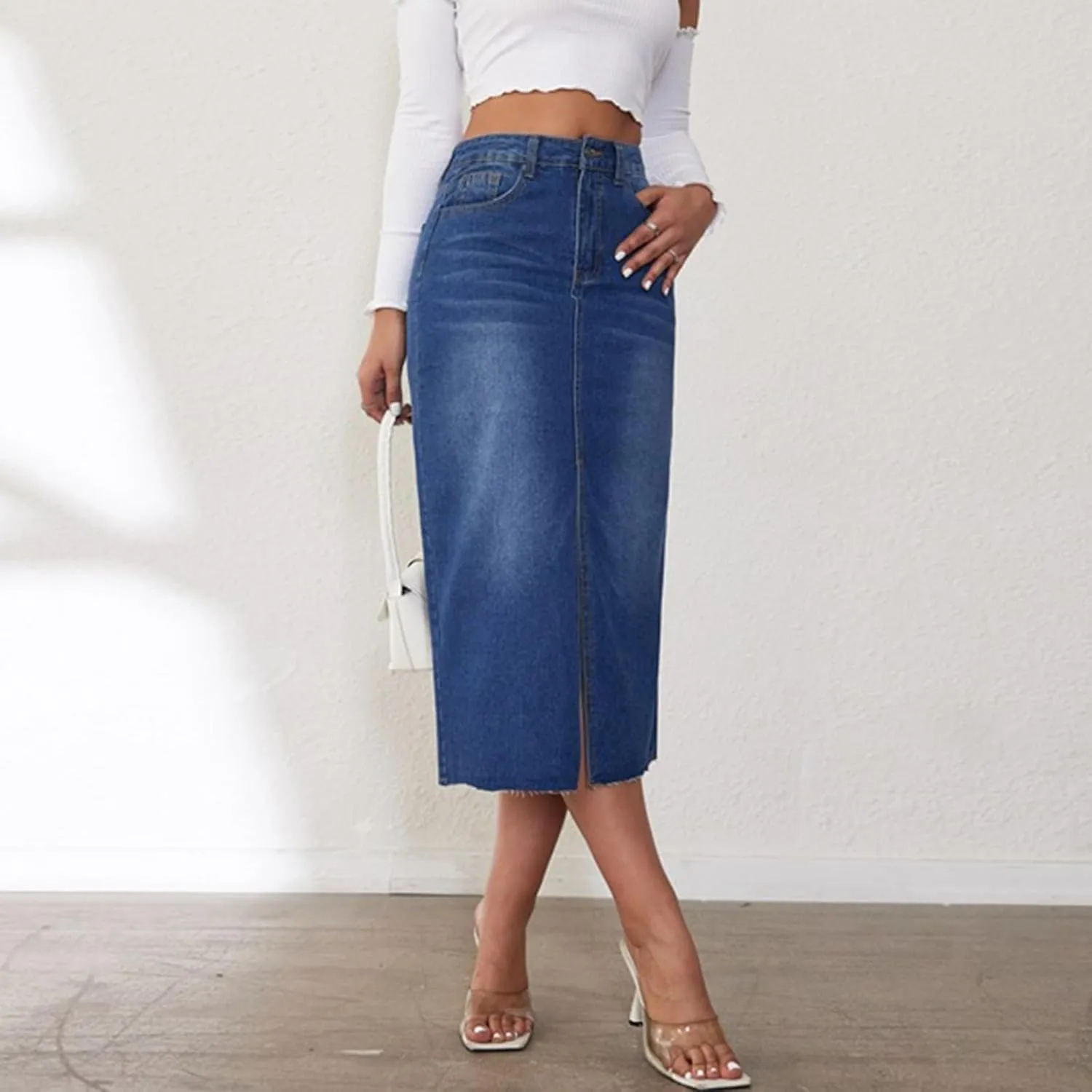 Womens Front Split Denim Long Skirts High Waist Slim Fit A Line Skirts Solid Color Street Casual Jean Maxi Skirts
