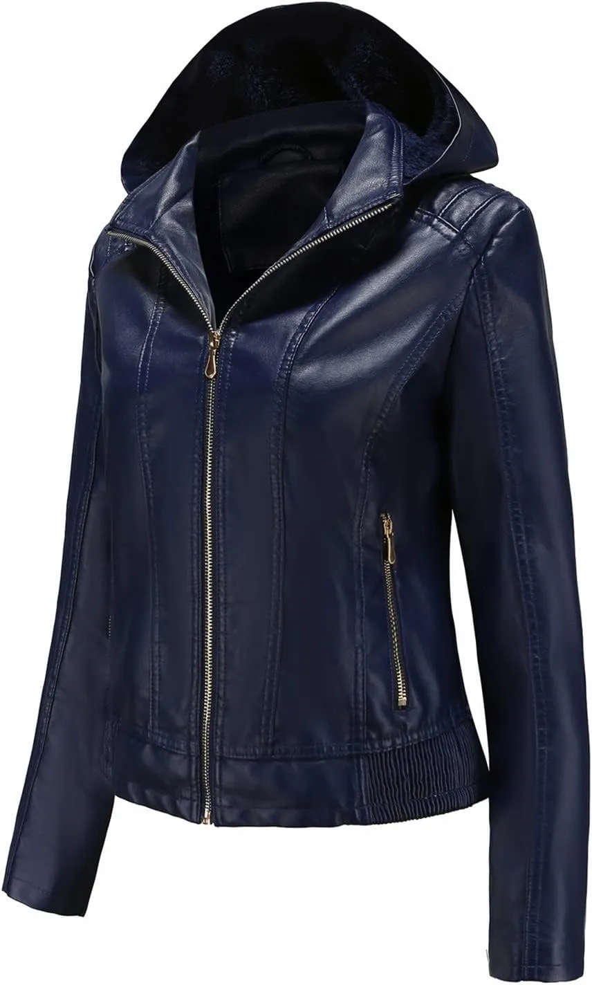 Women's Hooded Faux Leather Jacket Moto Biker Coat Long Sleeve Zip Up Slim Fit Leather Motorcycle Jackets Fall Outwear