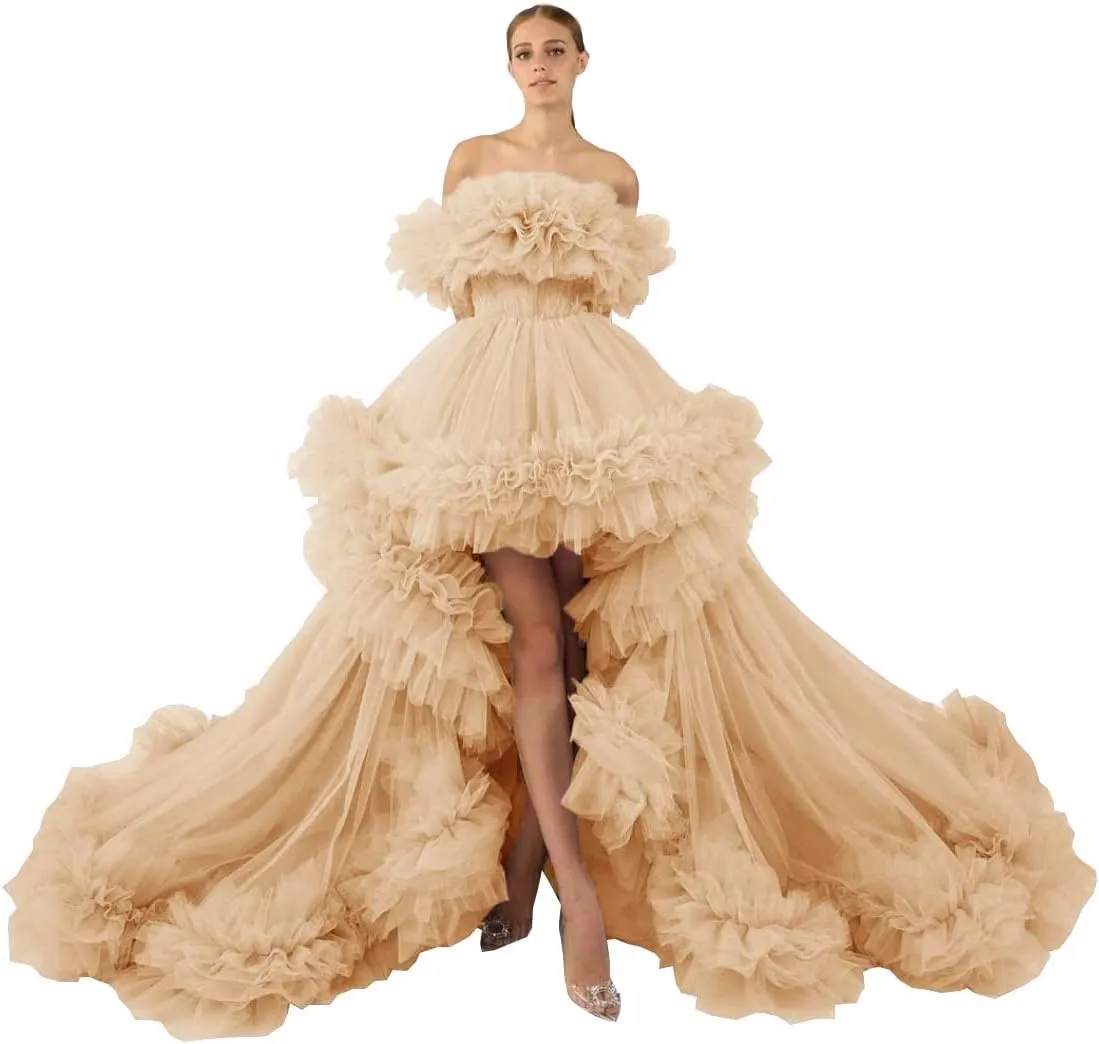 Women's Puffy Tulle Prom Dress for Women Off The Shoulder High Low Formal Party Wedding Gown