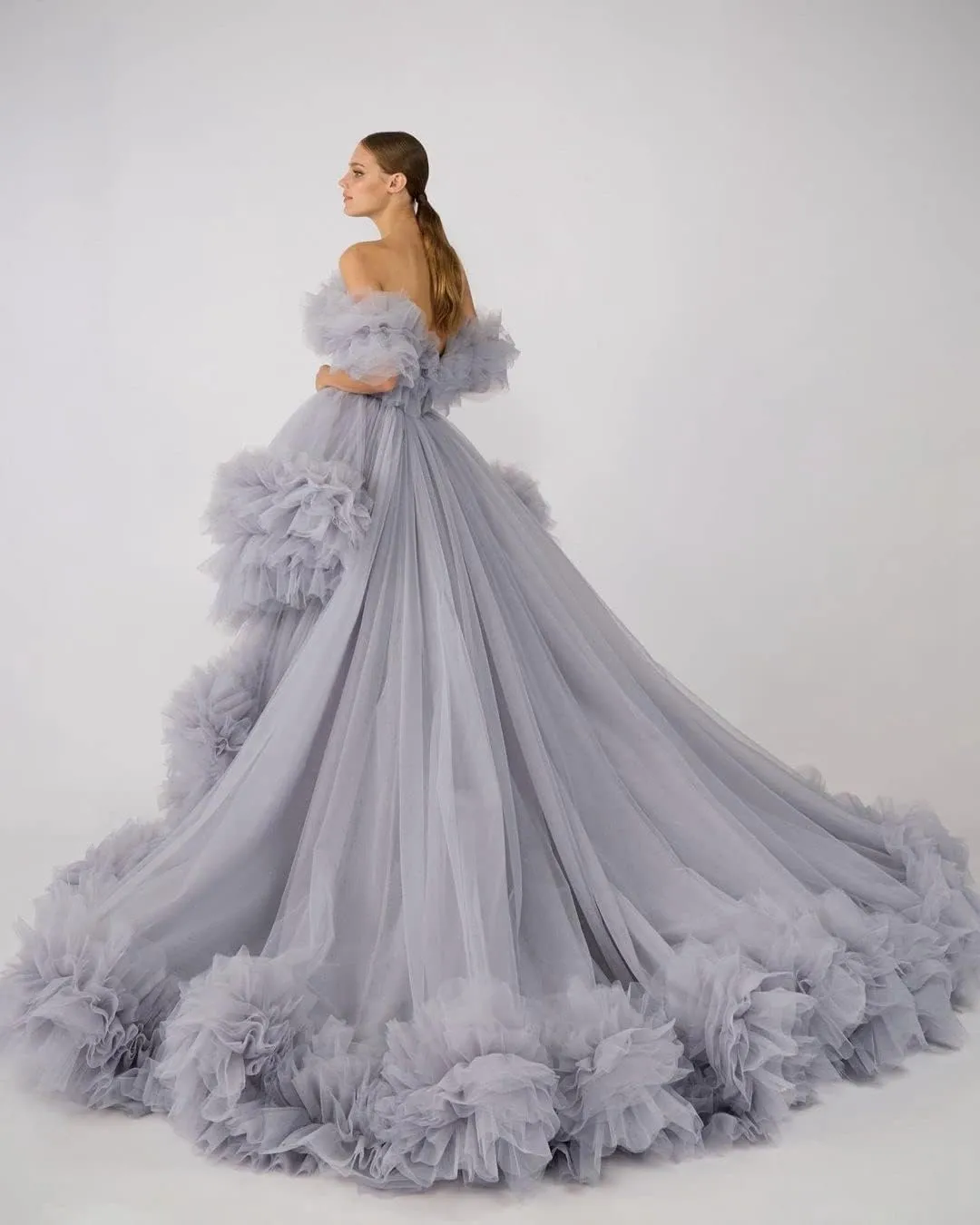 Women's Puffy Tulle Prom Dress for Women Off The Shoulder High Low Formal Party Wedding Gown