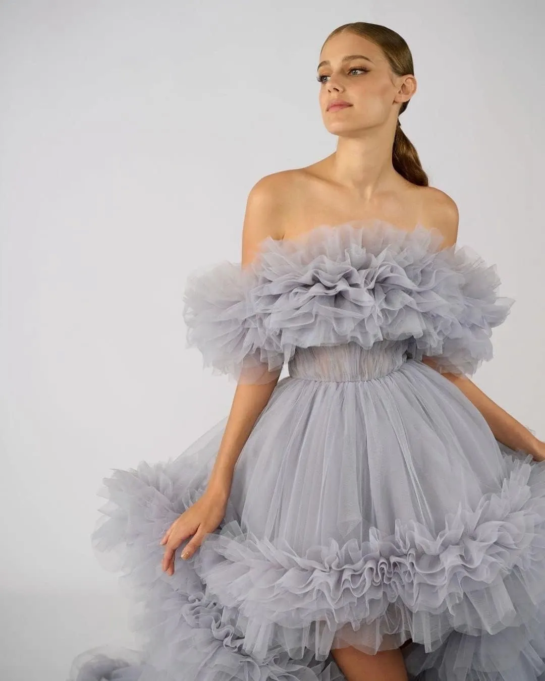 Women's Puffy Tulle Prom Dress for Women Off The Shoulder High Low Formal Party Wedding Gown