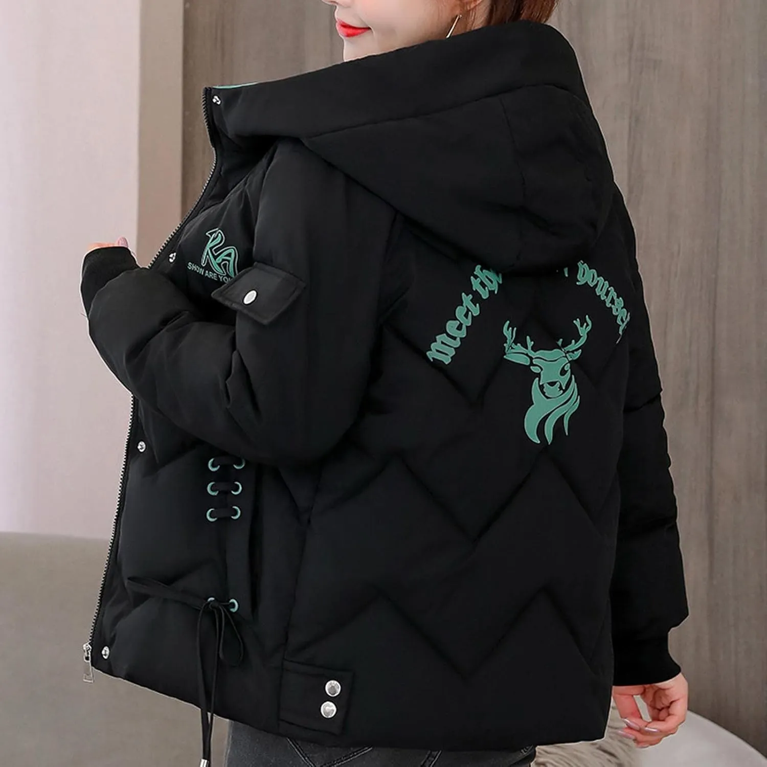 Women's Stylish Down Hooded Jackets with Full Zipper Winter Puffy Warm Comfortable Loose Down Coats Puffer Jacket