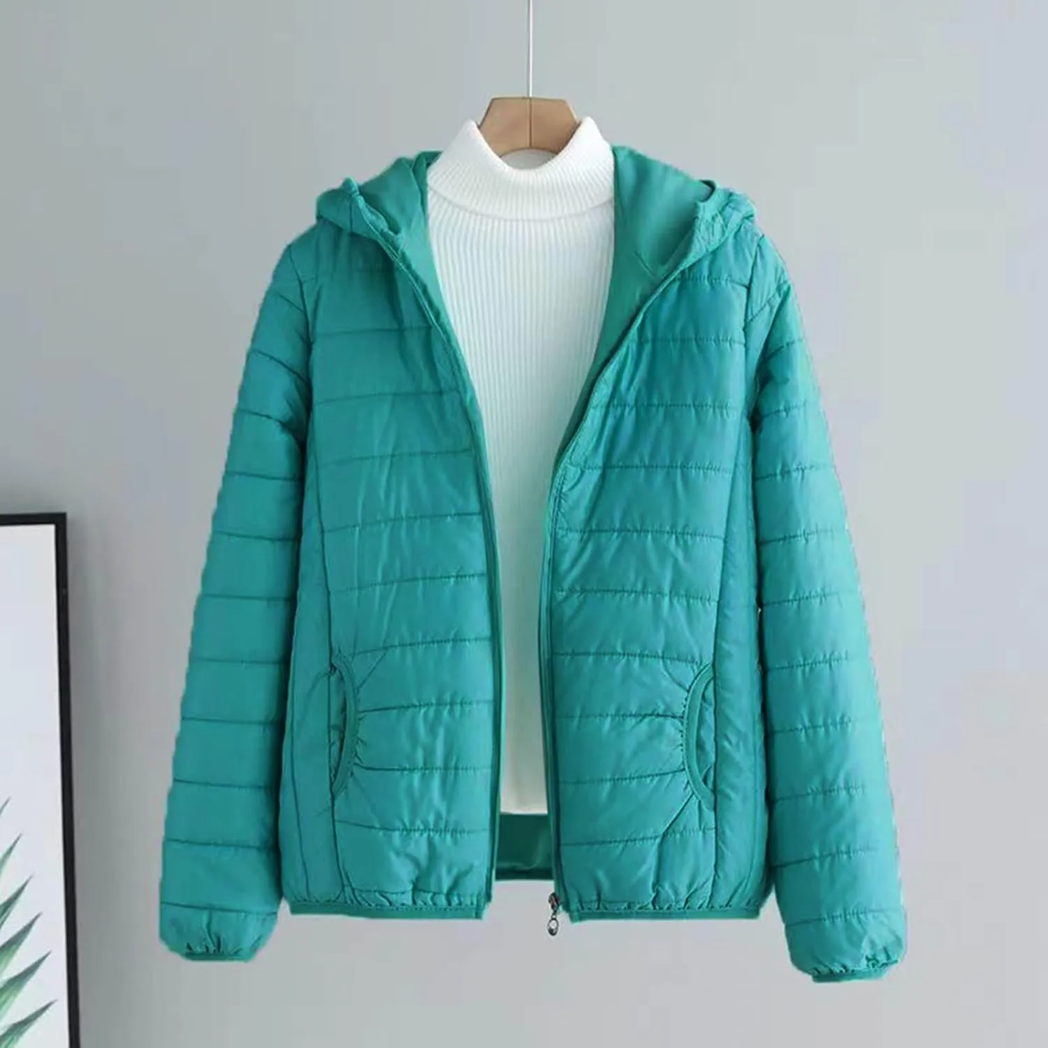 Womens Temperament Solid Hooded Quilted Puffer Coat Zip Up Long Sleeve Outwear Casual Loose Fit Overcoat with Pockets