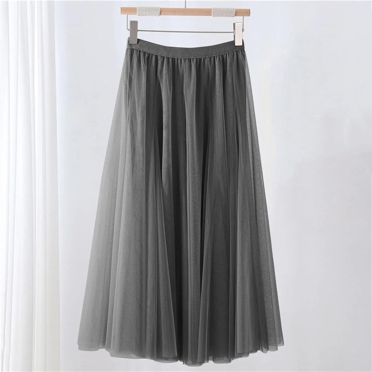 Women's Tulle Maxi Skirts Summer Party Solid Beach Elastic High Waist Pleated A-Line Flowy Swing Long Maxi Skirts