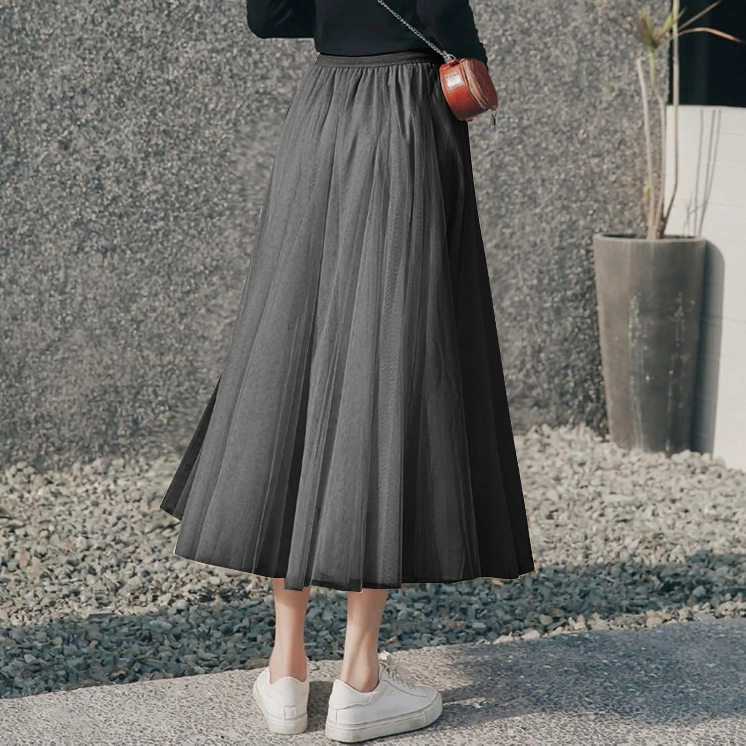 Women's Tulle Maxi Skirts Summer Party Solid Beach Elastic High Waist Pleated A-Line Flowy Swing Long Maxi Skirts