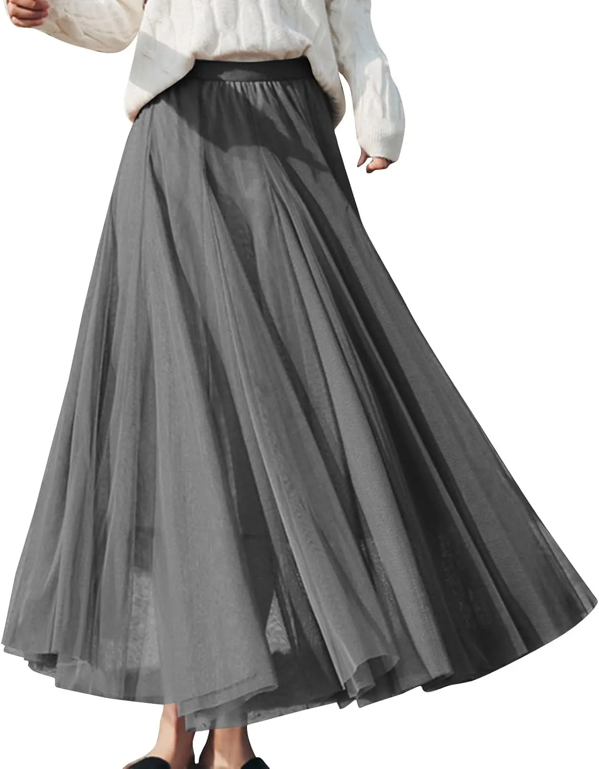Women's Tulle Maxi Skirts Summer Party Solid Beach Elastic High Waist Pleated A-Line Flowy Swing Long Maxi Skirts