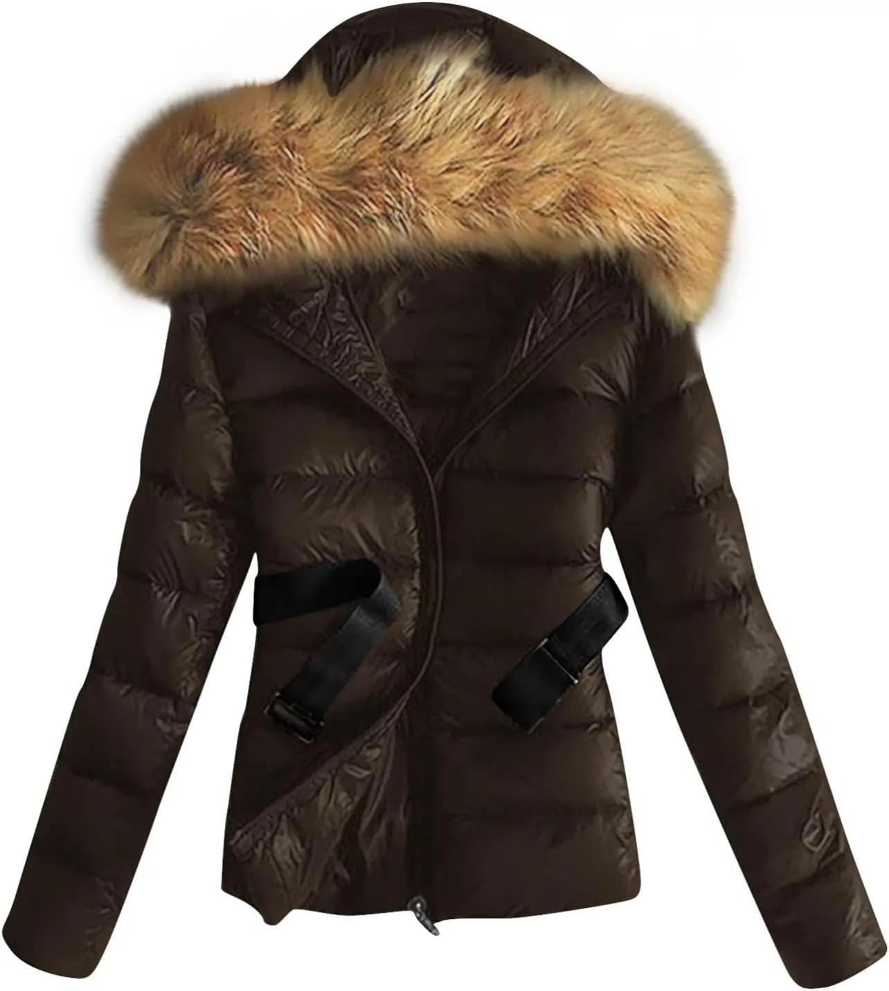 XUNRYAN Teen Girls Winter Warm Down Coat Cropped Puffer Jackets Faux-Fur Hooded Anorak Parka Thicken Ski Jackets Belted